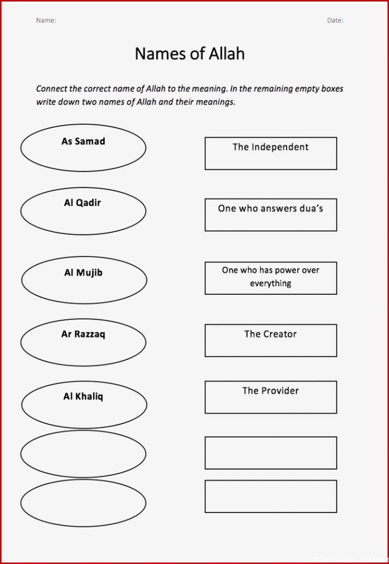 Names of Allah Recap Worksheet – Safar Resources