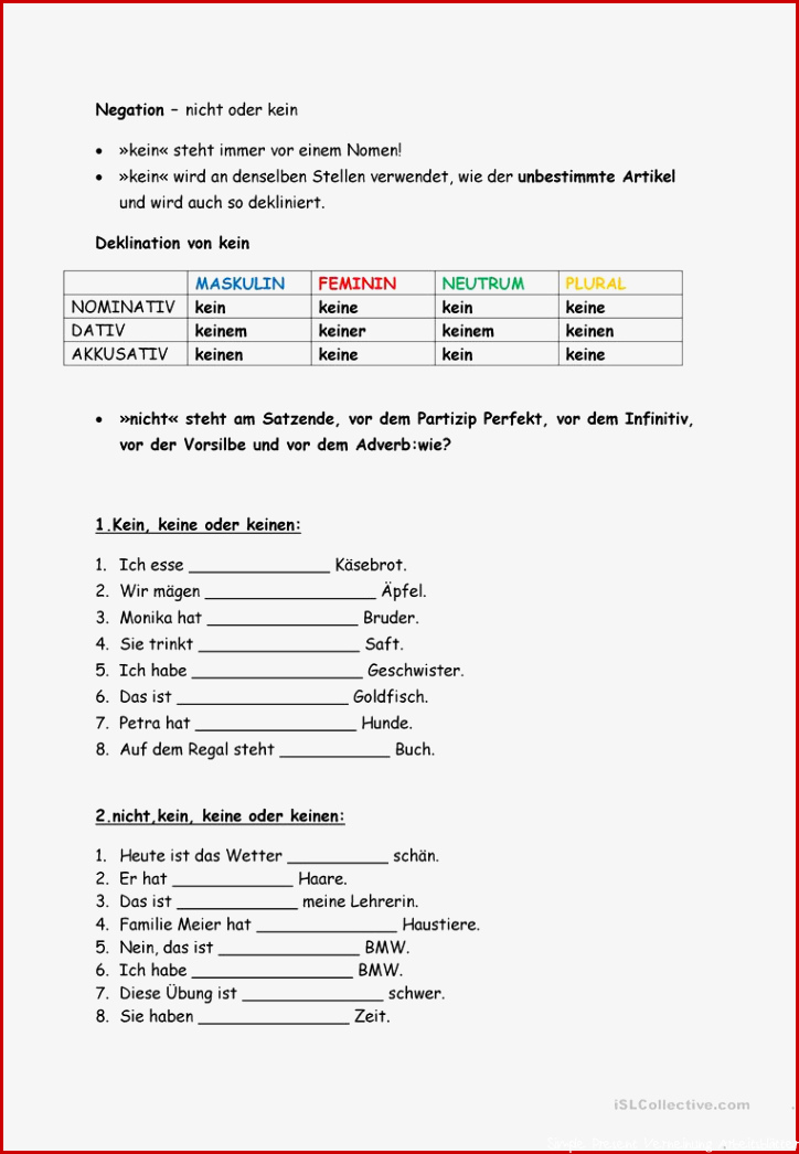 Negation Deutsch Daf Arbeitsblatter
