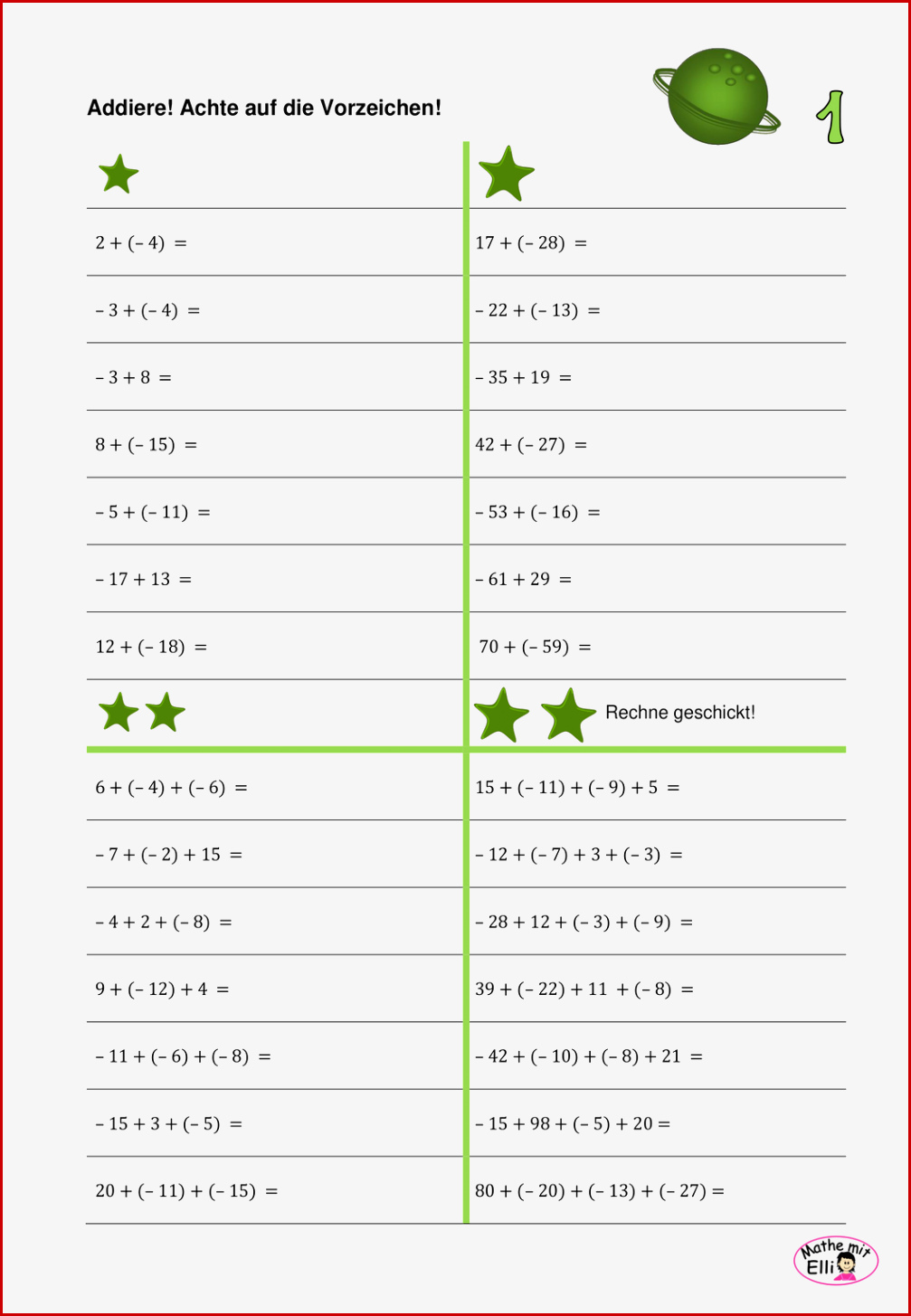 Negative Zahlen Ad Ren Und Subtrahieren Arbeitsblatt