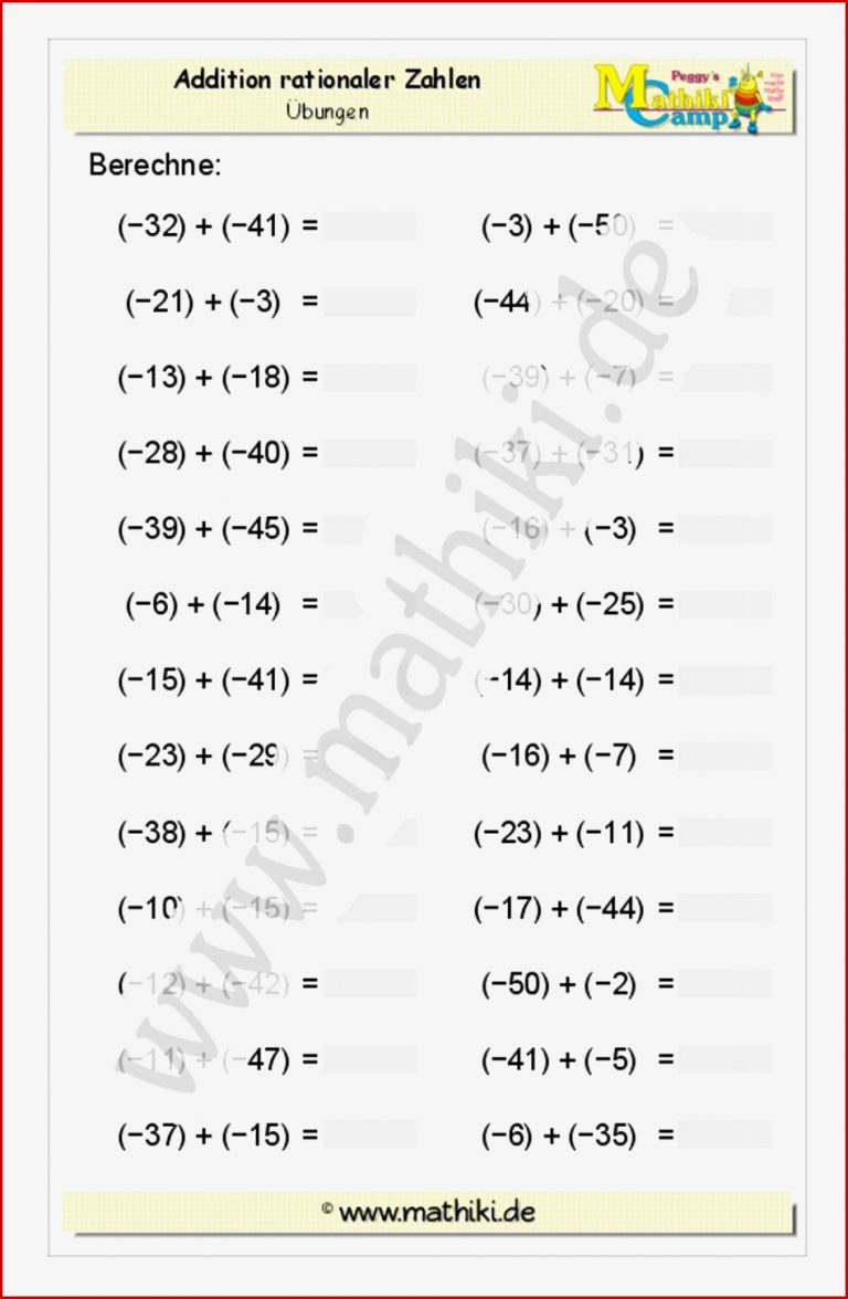 Negative Zahlen Arbeitsblätter Worksheets