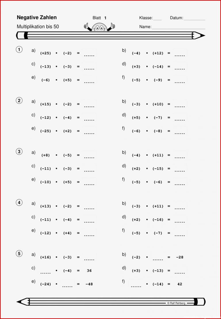 Negative Zahlen Arbeitsblätter Worksheets