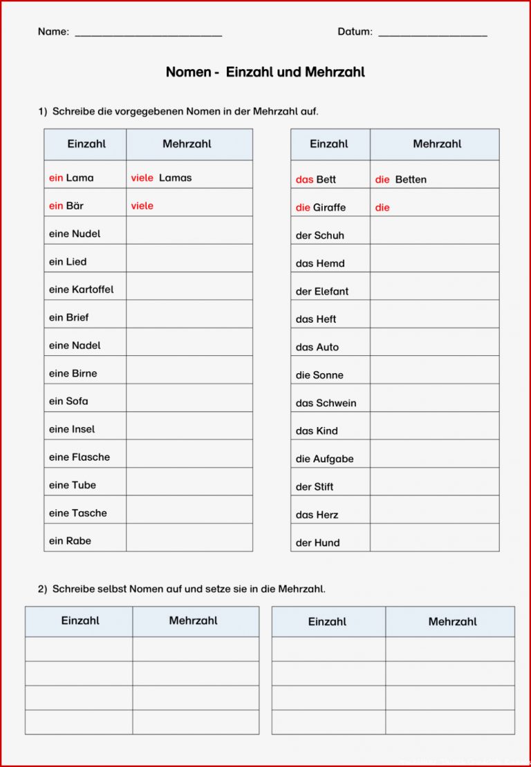 Nomen Einzahl Mehrzahl – Unterrichtsmaterial Im Fach