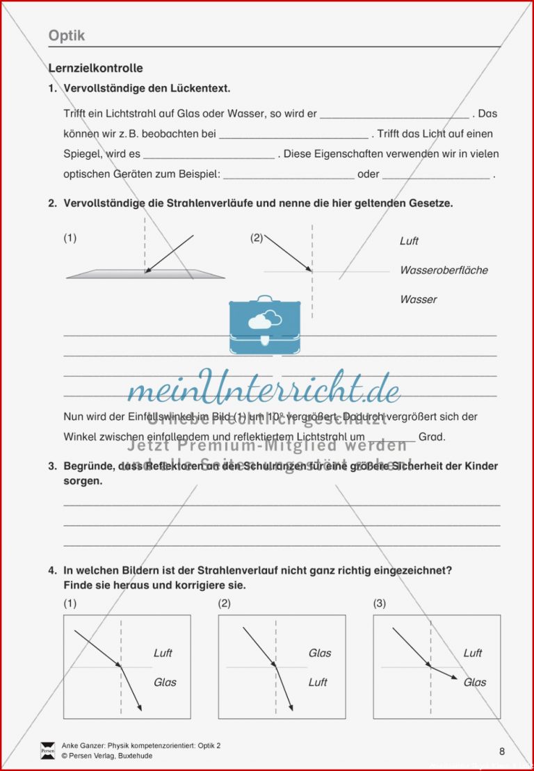 Optik Test Lernzielkontrolle zur Lichtbrechung und