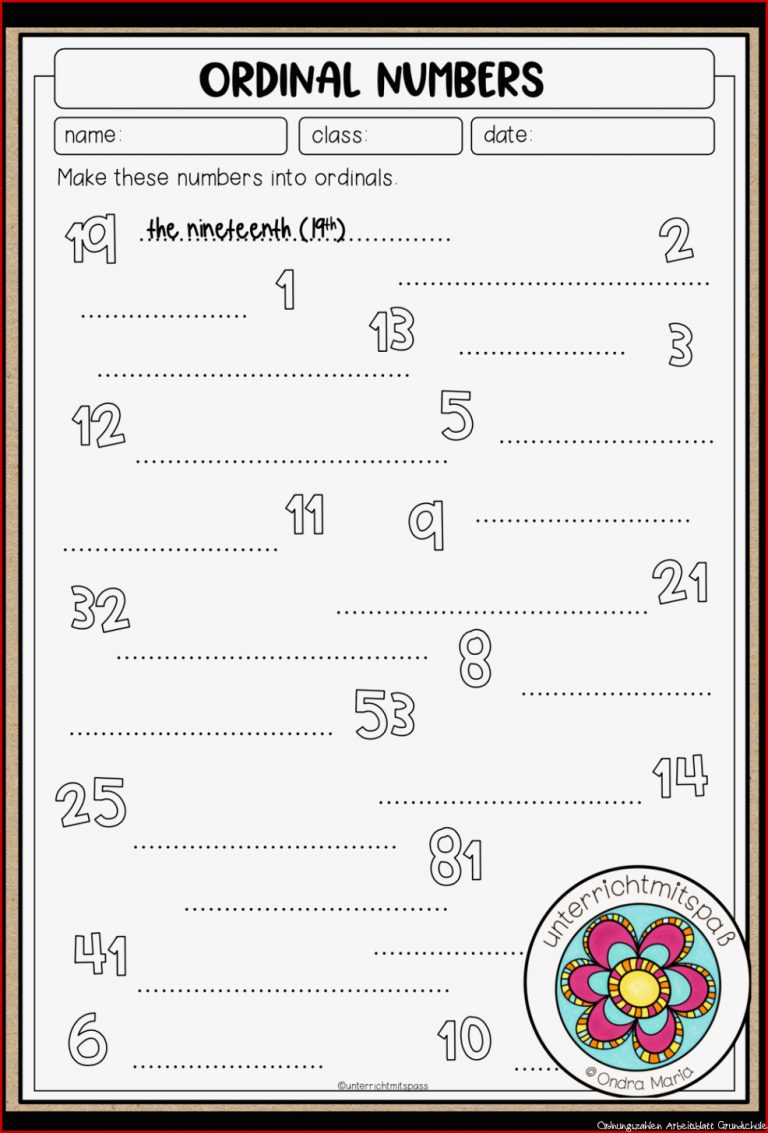 Ordinal numbers Worksheet – Unterrichtsmaterial im Fach