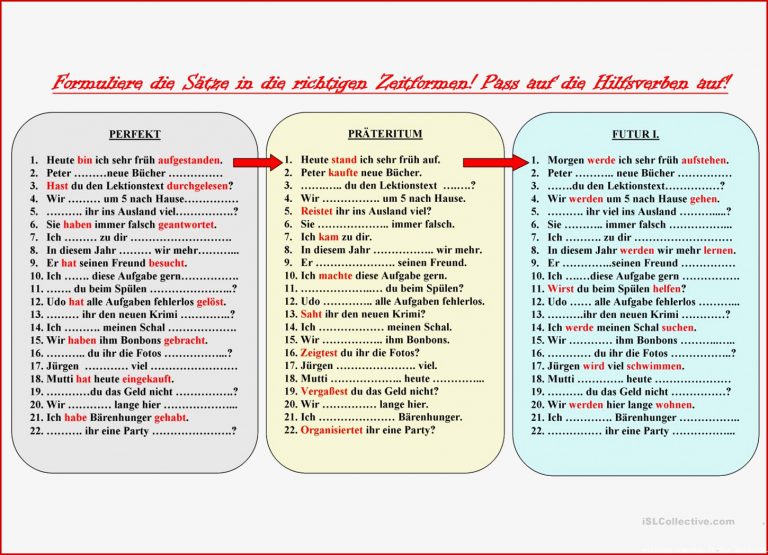 Perfekt Präteritum und Futur I Arbeitsblatt Kostenlose