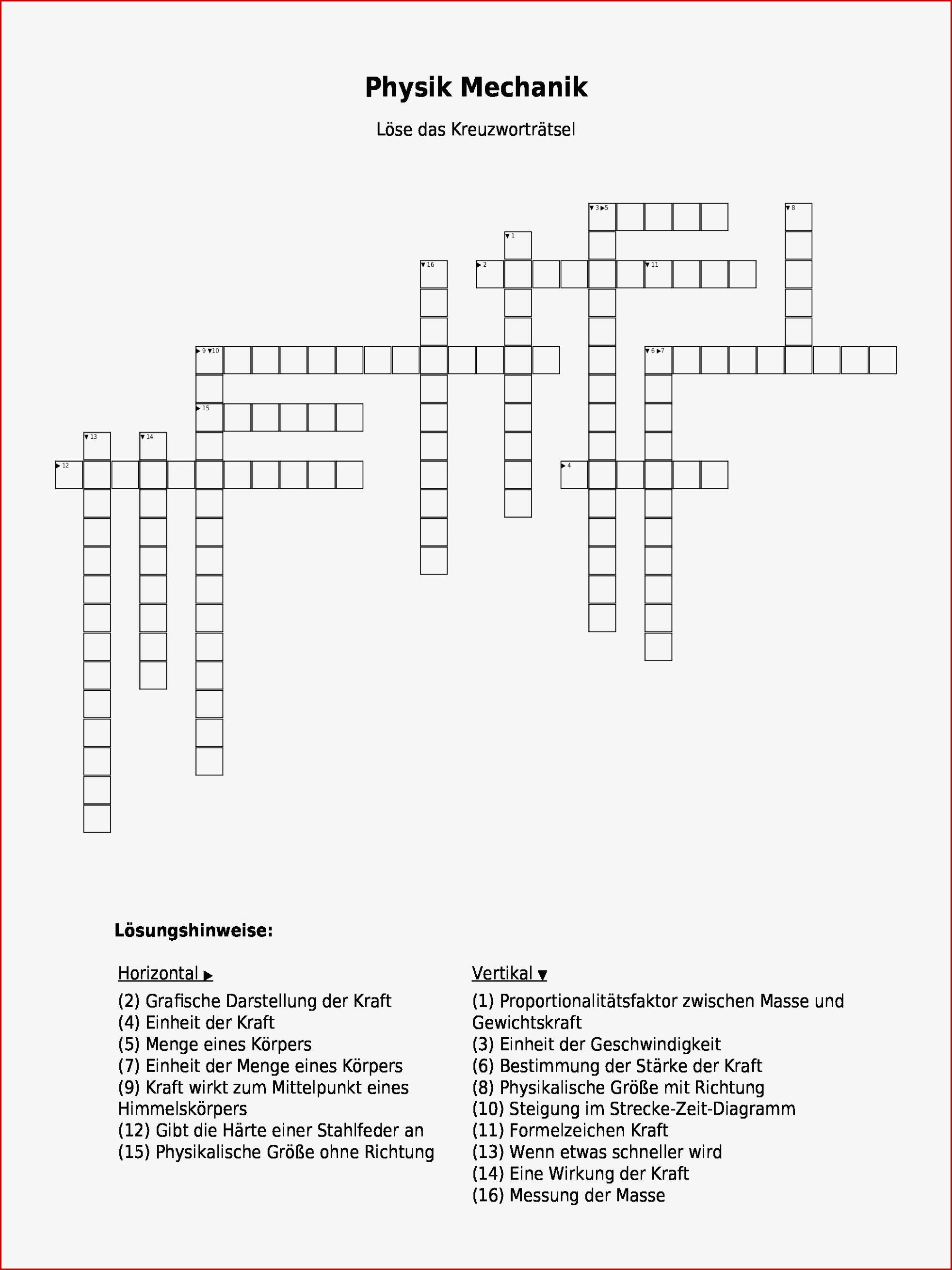 Physik Mechanik – Kreuzworträtsel