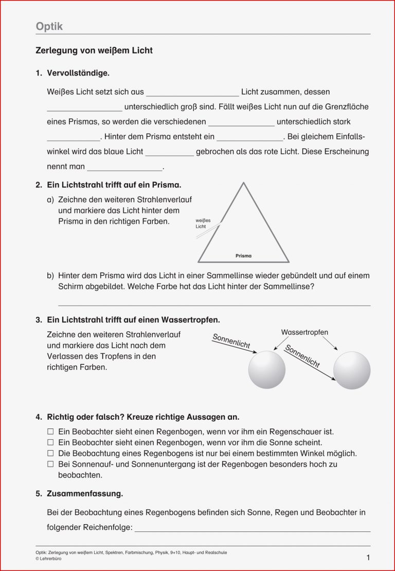 Physik Optik Klasse 7 Arbeitsbl Tter Nia Ramda