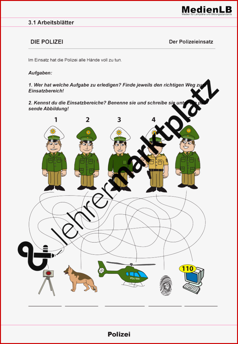 Polizei Kindergarten Arbeitsblätter Worksheets