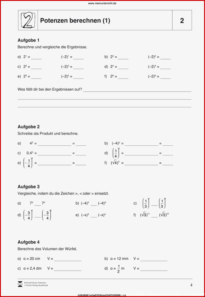 Potenzen Arbeitsblätter für Mathematik