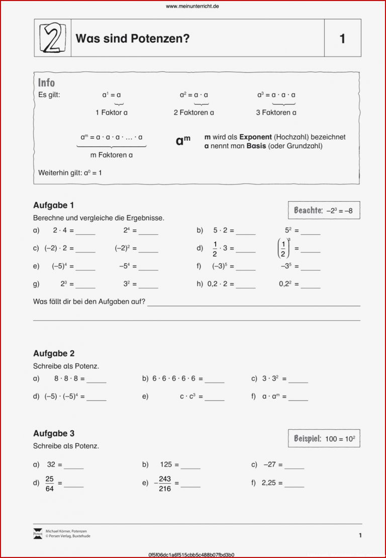 Potenzen Arbeitsblätter für Mathematik