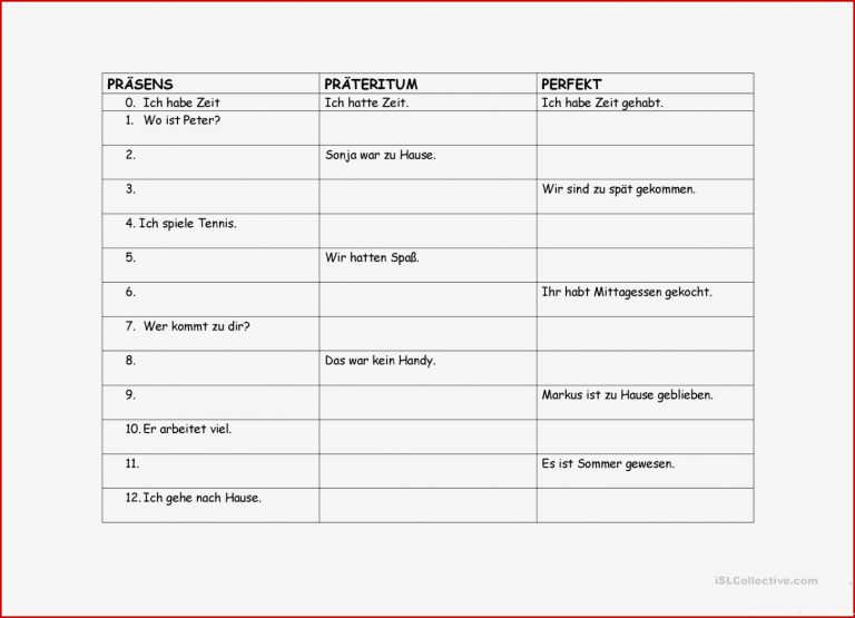 Präsens Präteritum Perfekt Arbeitsblatt Kostenlose Daf
