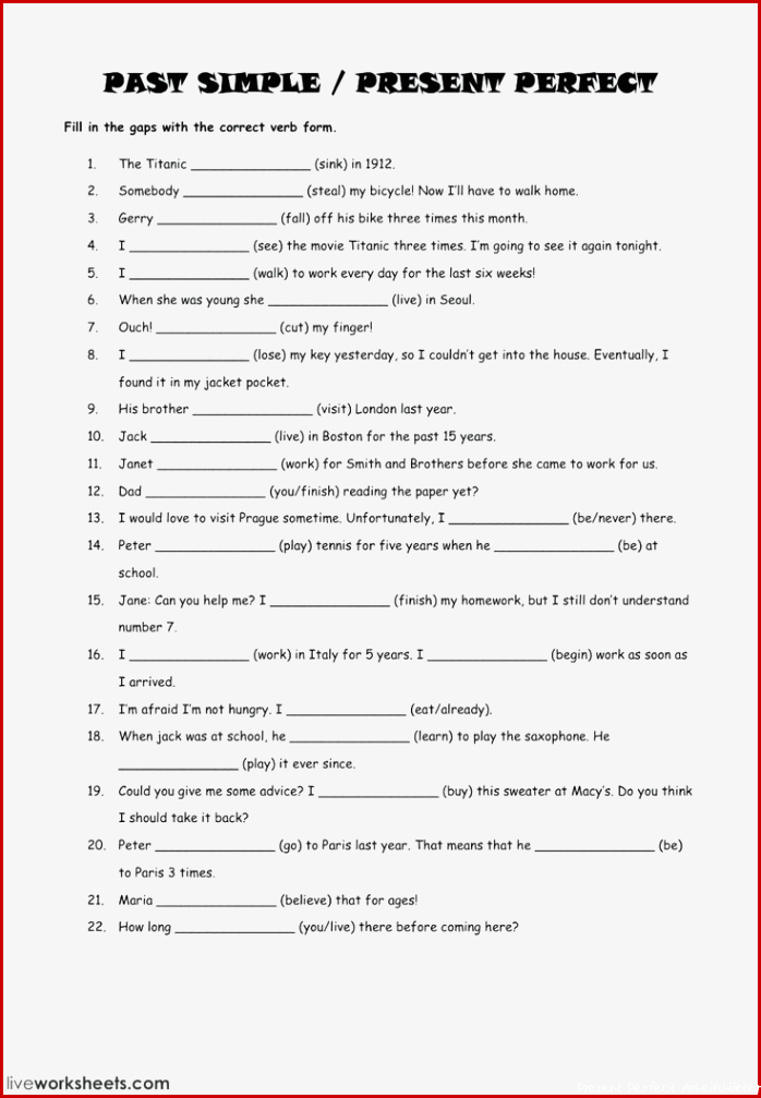 Present Perfect Tense Worksheets Interactive Worksheet