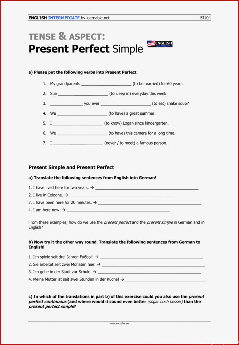 Present Perfect Übungen Intermediate Level