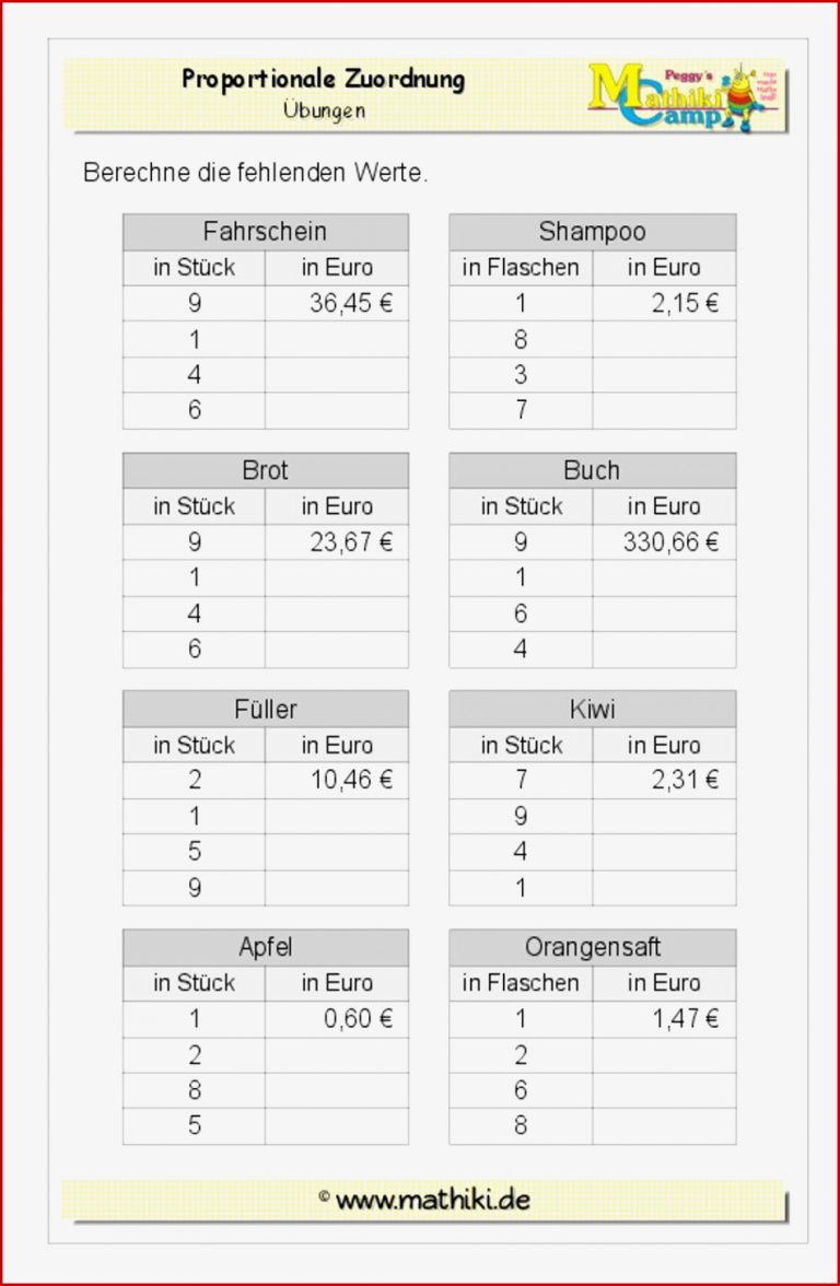 Proportionale Zuordnung Klasse 7 8 Kostenloses
