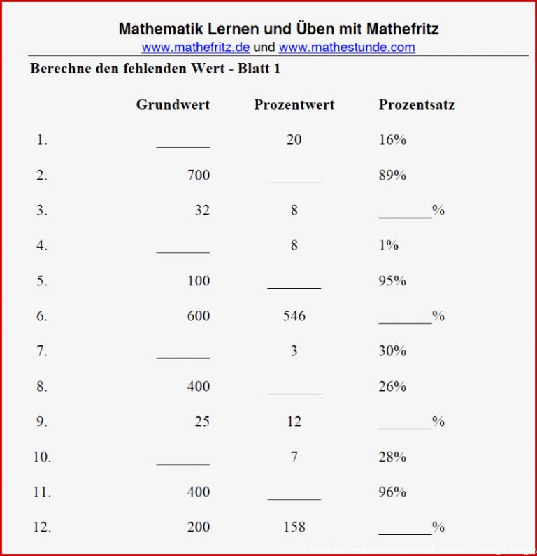 Prozentrechnung Arbeitsblatt