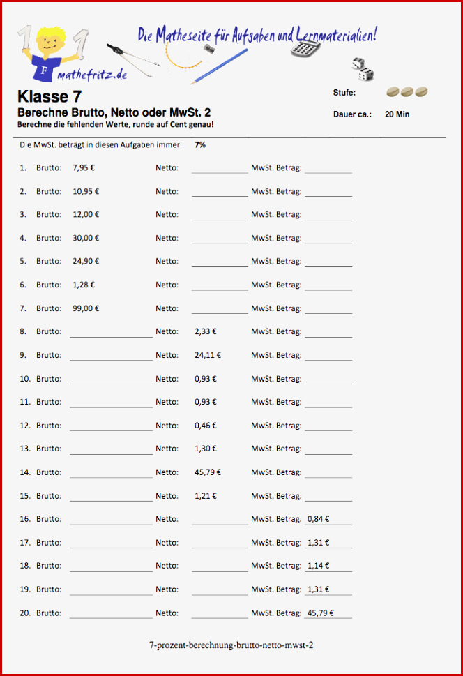 Prozentrechnung Aufgaben Brutto Netto Mehrwertsteuer