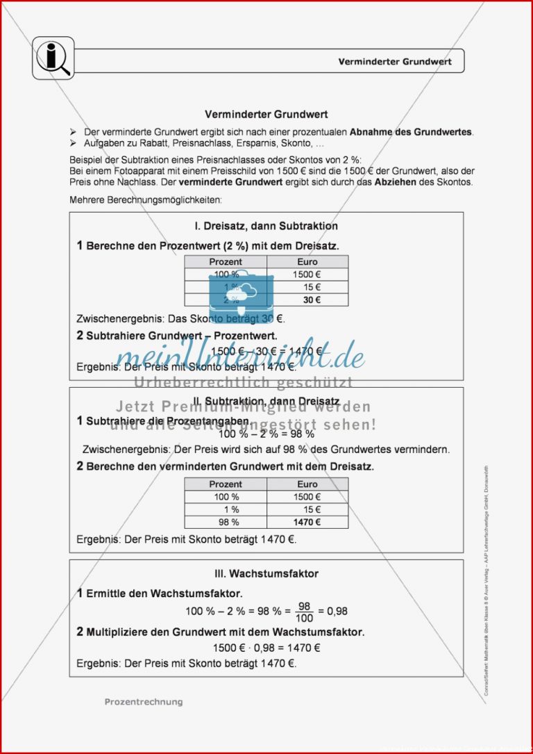 Prozentrechnung Vermehrter Und Verminderter Grundwert Und