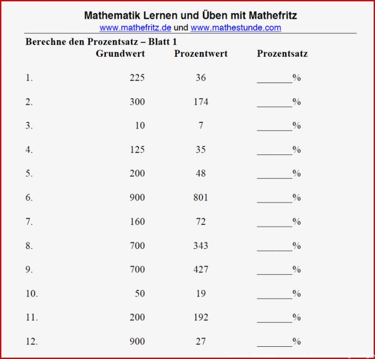 Prozentsatz berechnen Arbeitsblatt Mathefritz