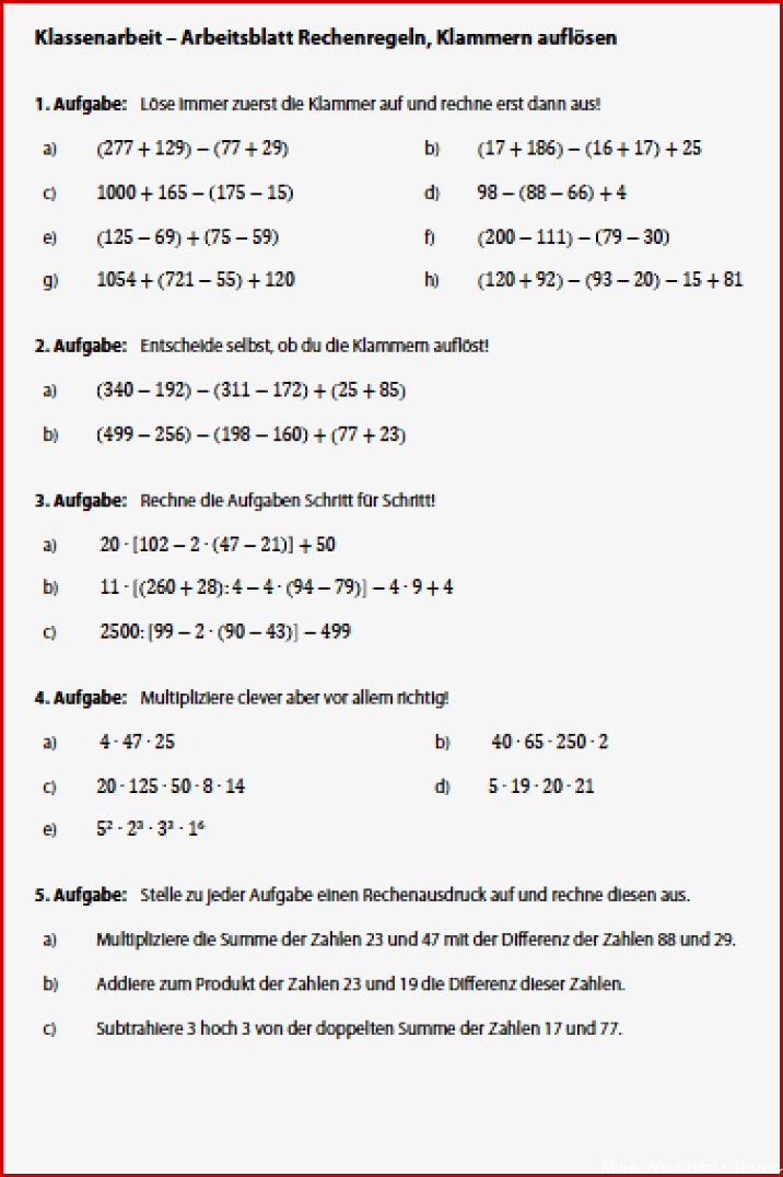 Punkt Vor Strichrechnung Aufgaben Zum Ausdrucken 5 Klasse