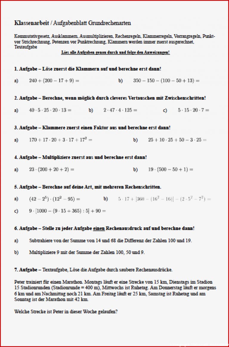 Punkt Vor Strichrechnung Aufgaben Zum Ausdrucken 5 Klasse