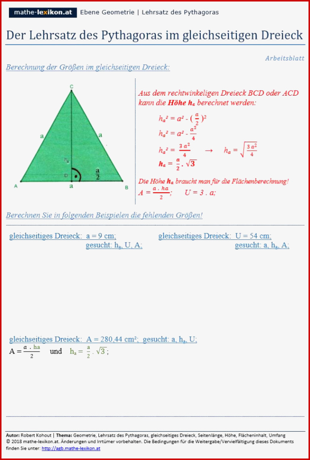 Pythagoras Im Gleichseitigen Dreieck