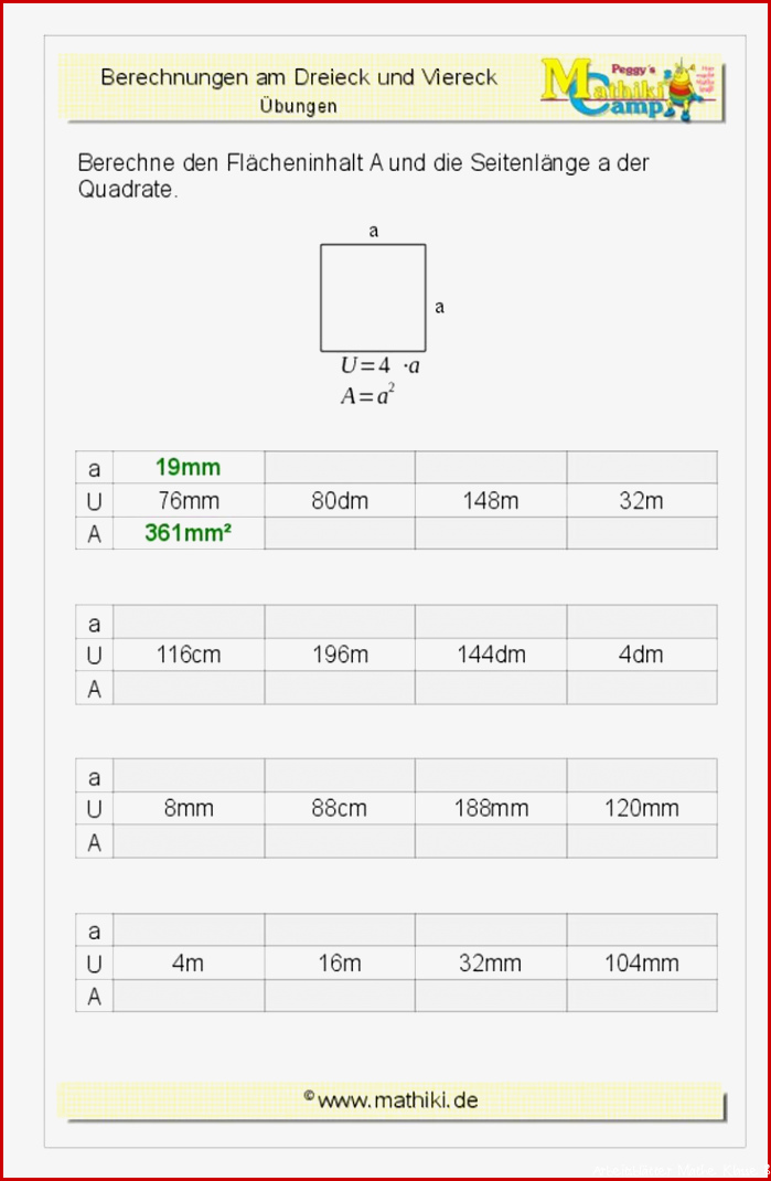 Quadrat Flächeninhalt Grundseite Klasse 7 8 mathiki