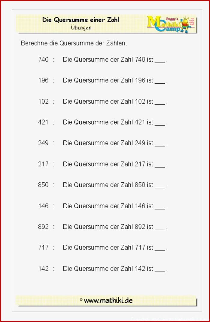 Quersumme Klasse 3 kostenloses Arbeitsblatt mit