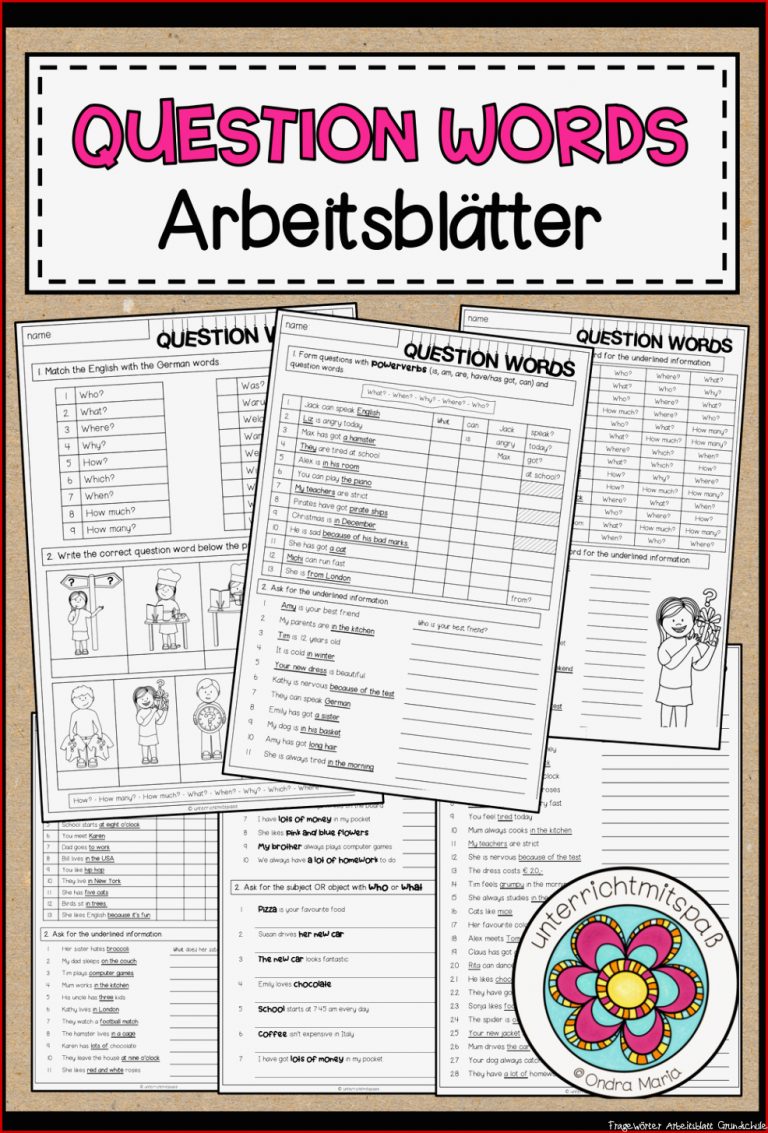 QUESTION WORDS 5 Arbeitsblätter – Unterrichtsmaterial im