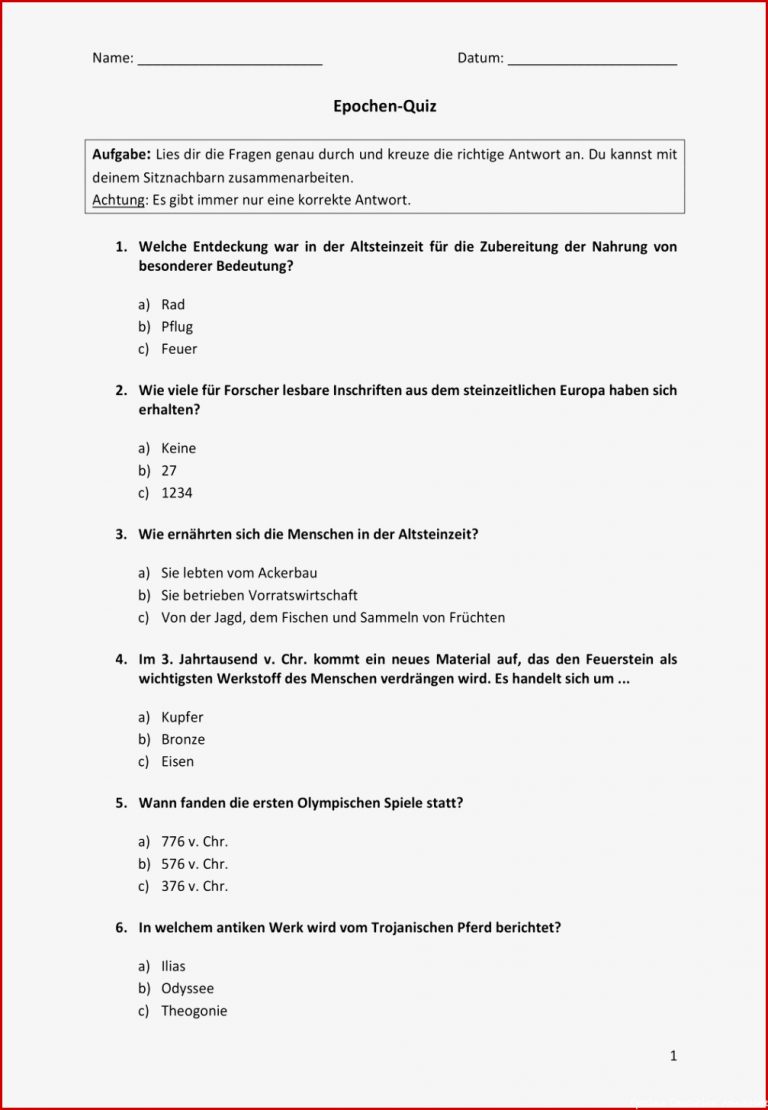 Quiz über Epochen Der Geschichte Lösungen