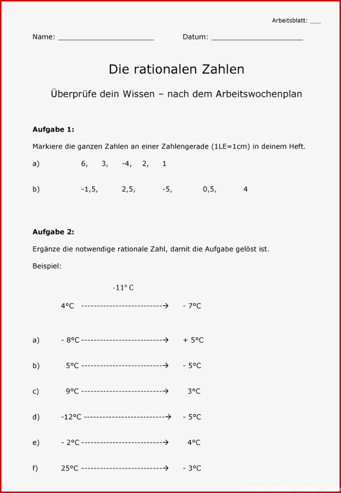 Rationale Zahlen Aufgaben zur Wiederholung