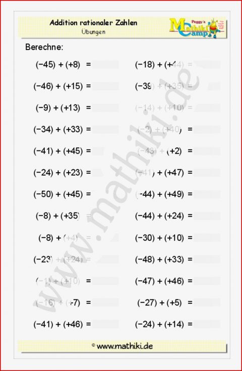 Addition Und Subtraktion Von Rationalen Zahlen Erstaunlich Addition Und Subtraktion Von Rationalen Zahlen Arbeitsblatt