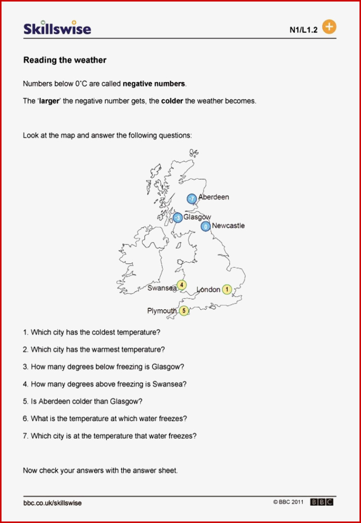 Reading the Weather Answer the Questions by Looking at the Map