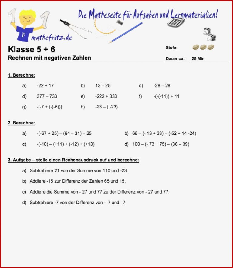 Rechen Mit Negativen Zahlen Übungen Aufgaben Negative Zahlen