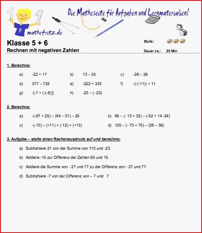 Rechen Mit Negativen Zahlen Übungen Aufgaben Negative Zahlen