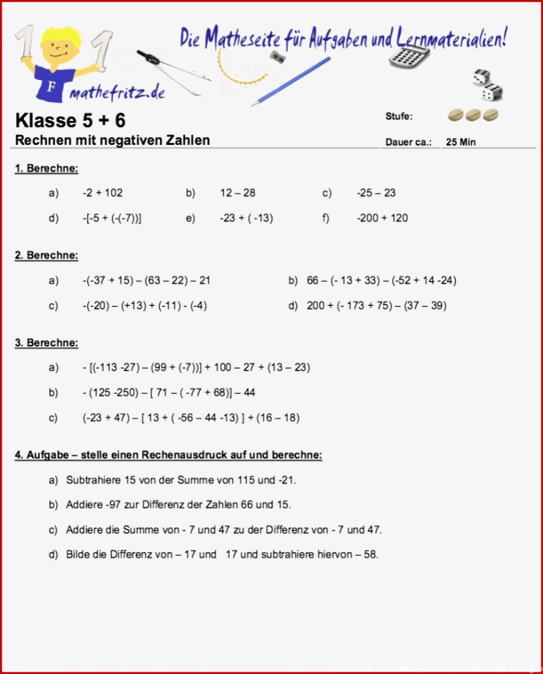 Rechen Mit Negativen Zahlen Übungen Aufgaben Negative Zahlen