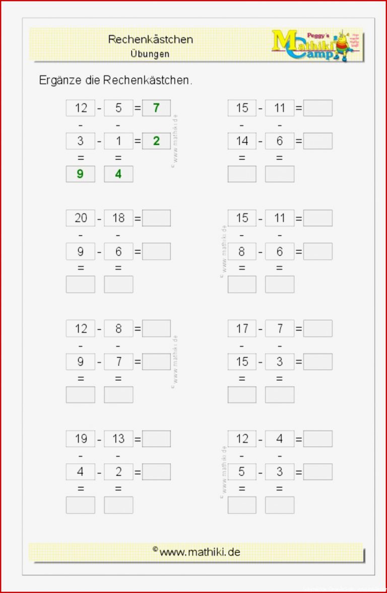 Rechengitter Subtraktion bis 20 Klasse 1 kostenloses