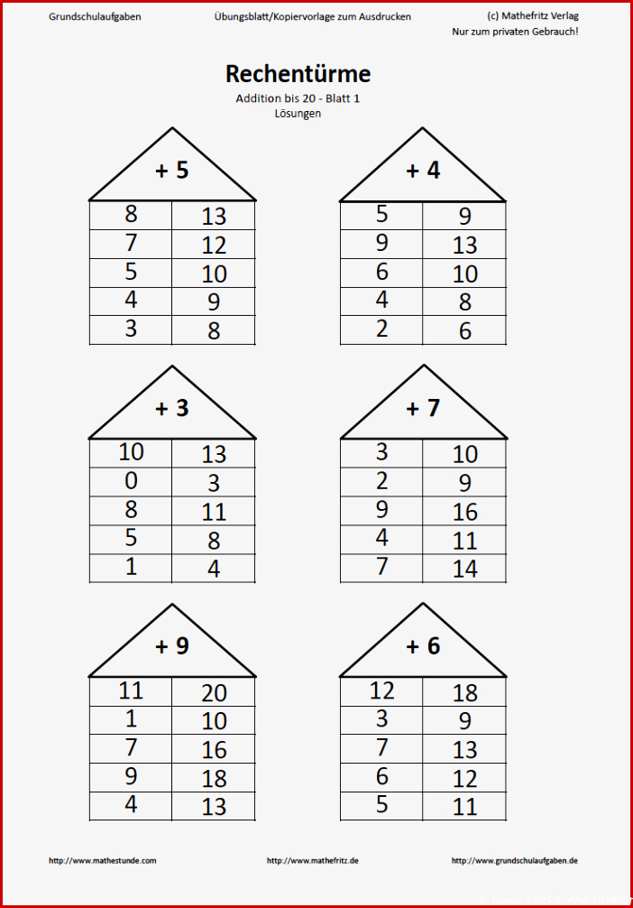 Rechentürme zur Addition 1 Klasse Arbeitsblätter