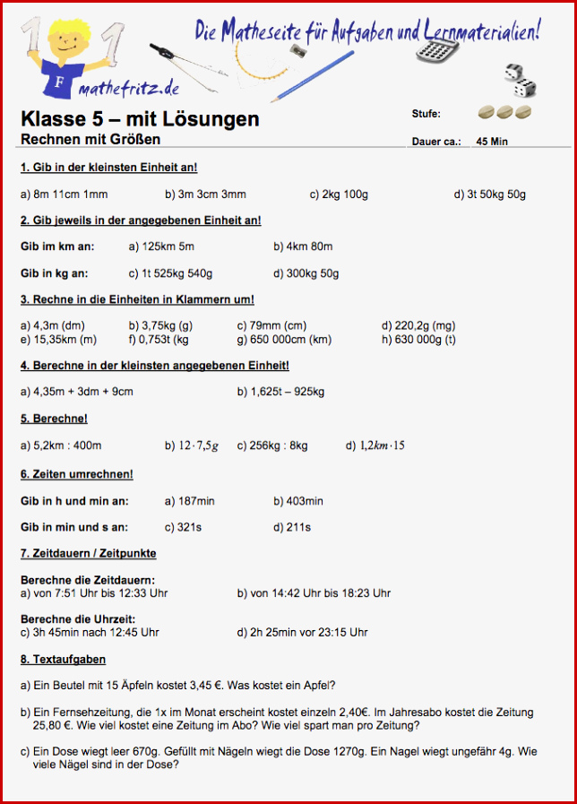 Rechnen Mit Größen Übungen Und Aufgaben Mathematik Klasse 5