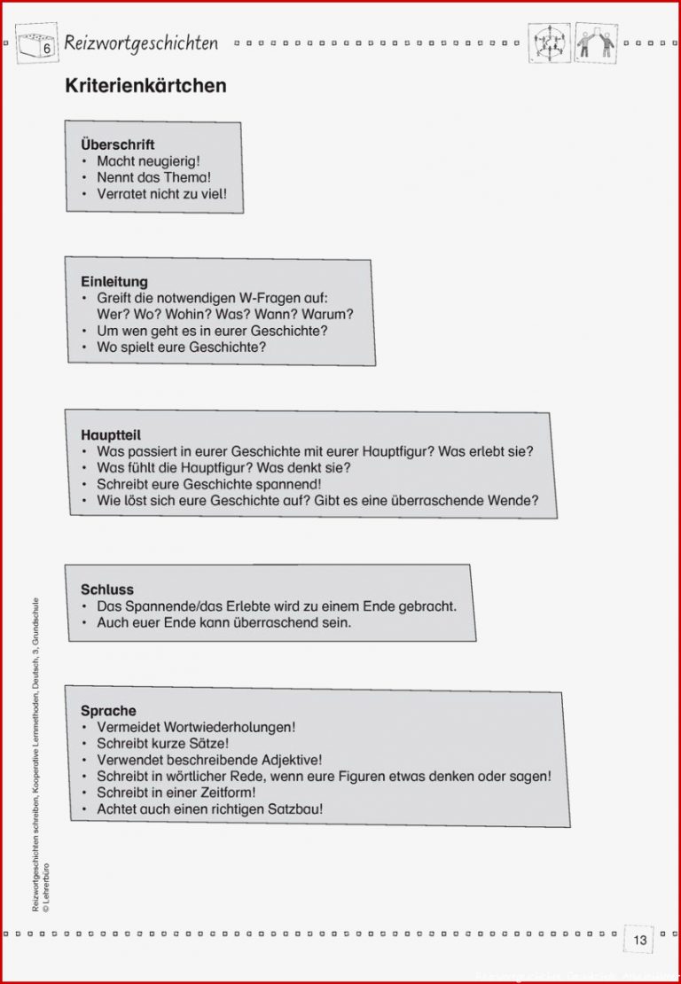 Reizwortgeschichte Arbeitsblätter · Lehrerbüro