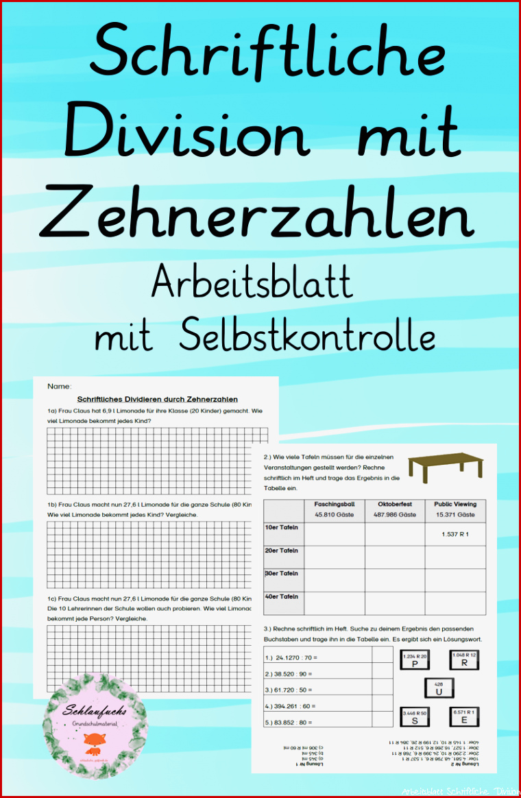 Sachaufgaben Schriftliche Division mit Zehnerzahl und Rest