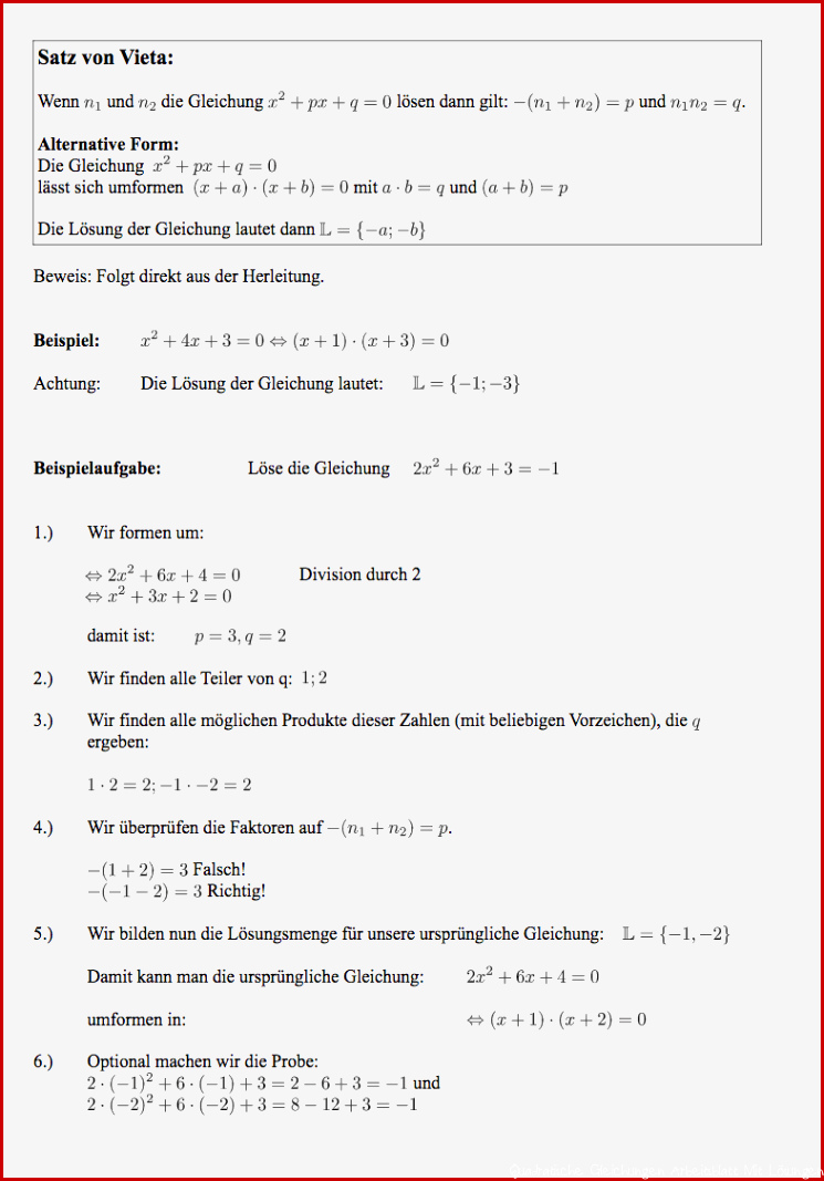 Satz von Vieta Übungen Aufgaben Arbeitsblätter Beweis