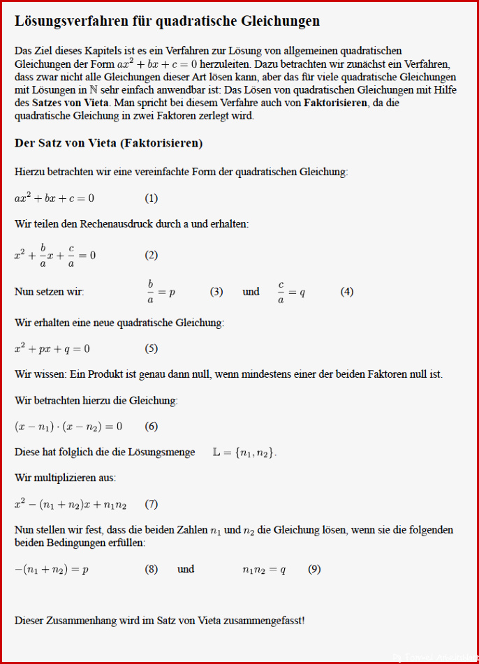 Satz von Vieta Übungen Aufgaben Arbeitsblätter Beweis