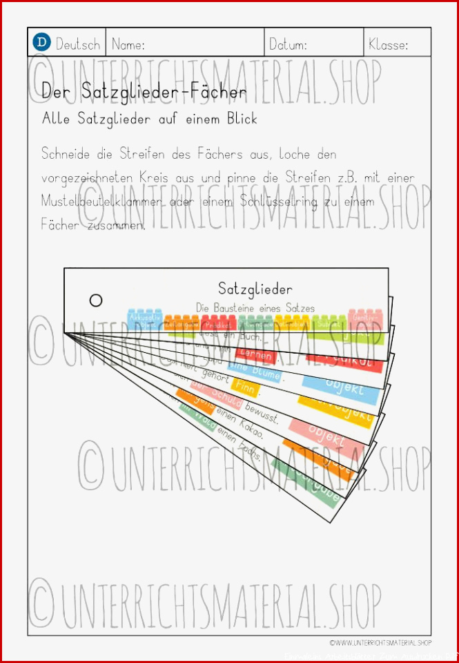 Satzglieder Übersicht zum Ausdrucken Satzglieder Fächer