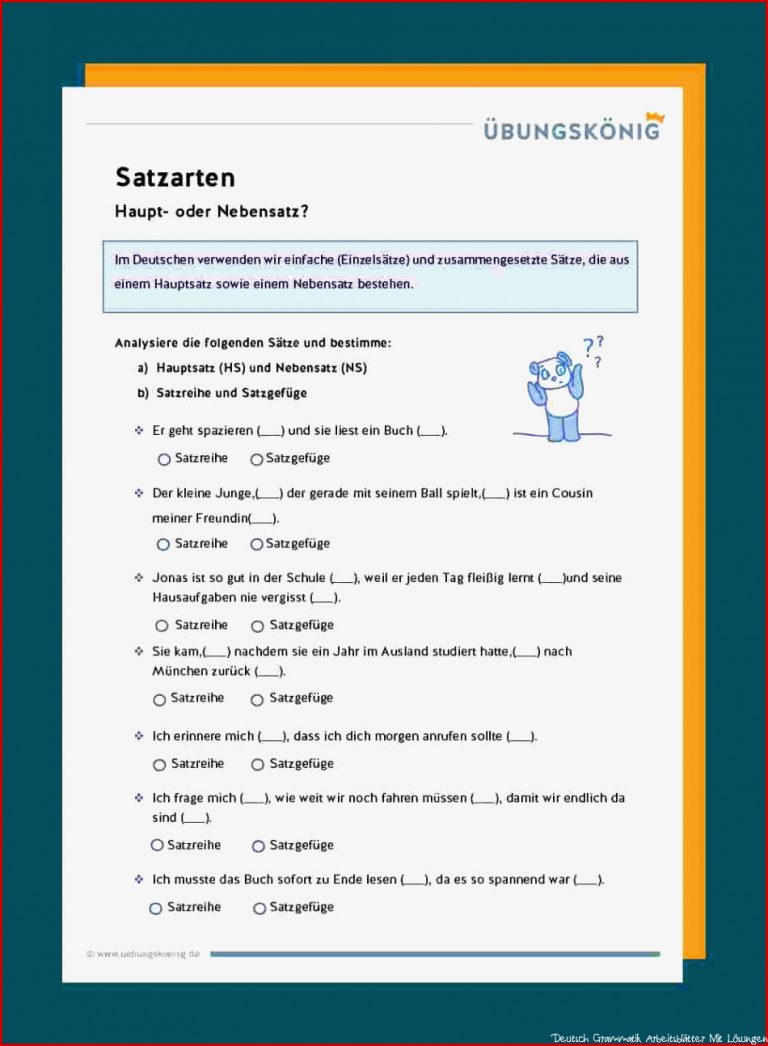 Satzreihe Satzgefüge Arbeitsblätter Mit Lösungen Worksheets