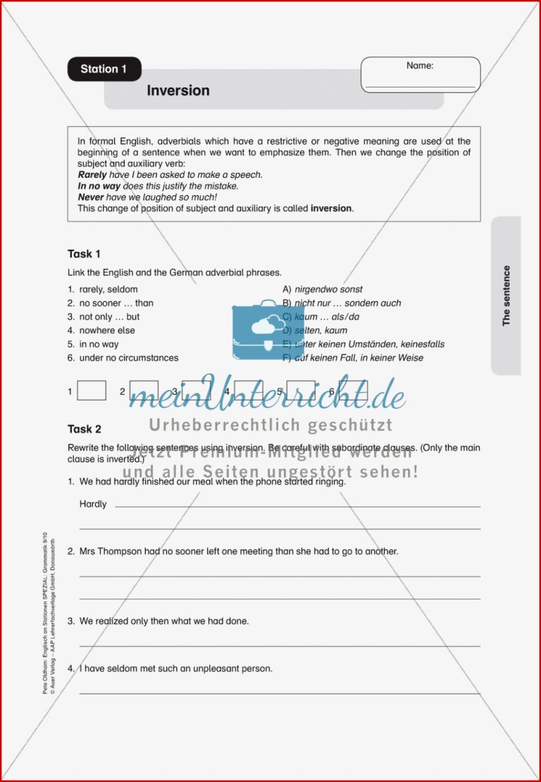 Satzstellung Übungen zu Inversion Präpositionen