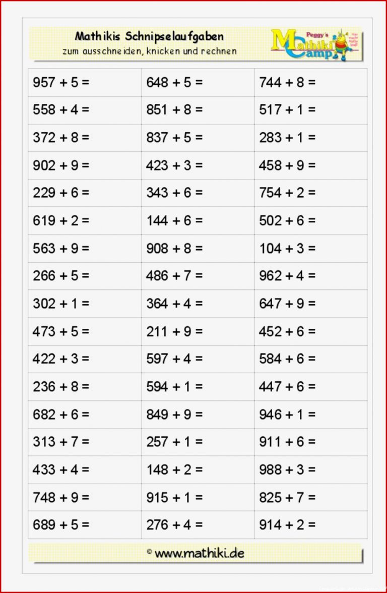 Schnipsel Addition bis 1000 Klasse 3 kostenloses