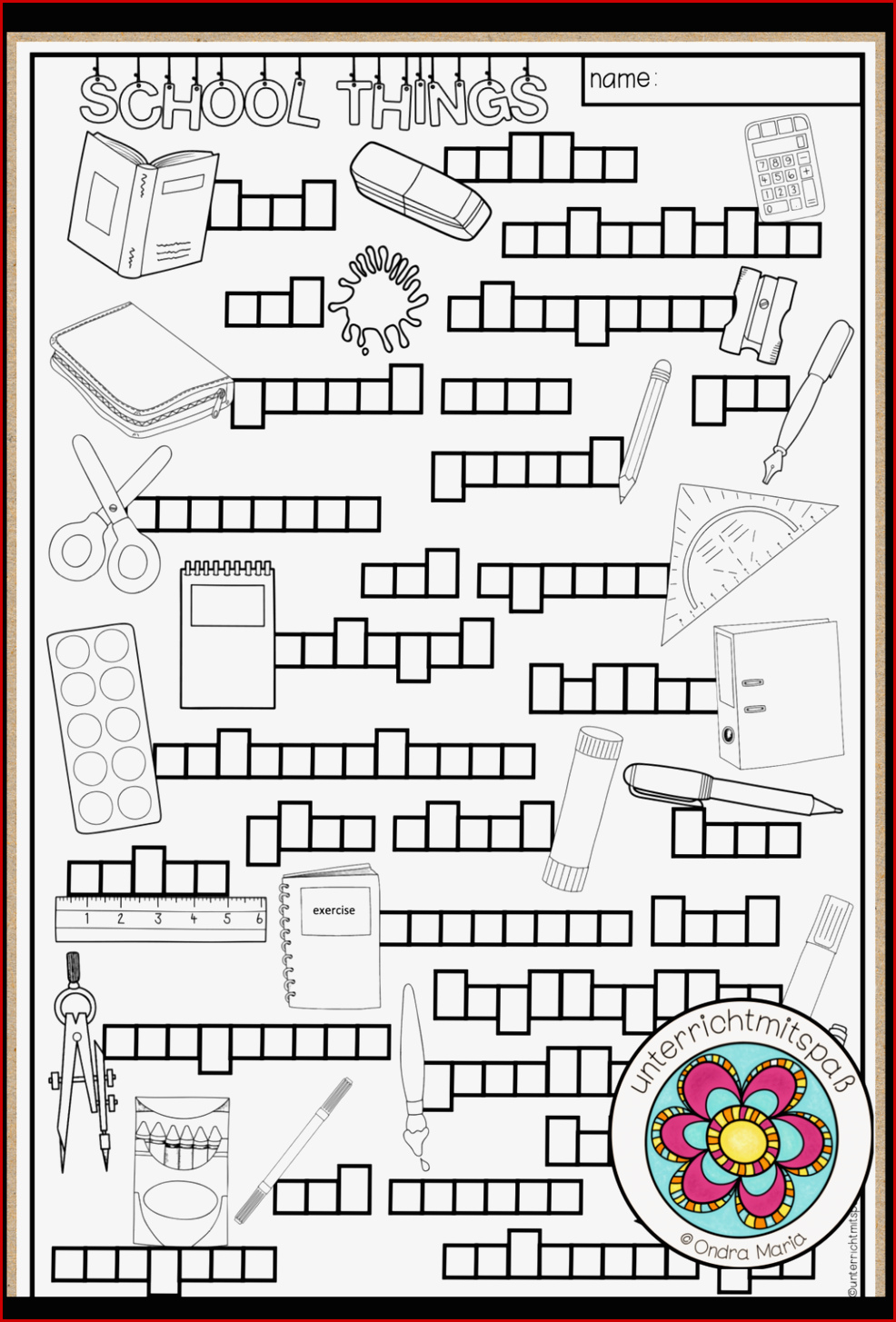 School Things Vocabulary Worksheet – Unterrichtsmaterial