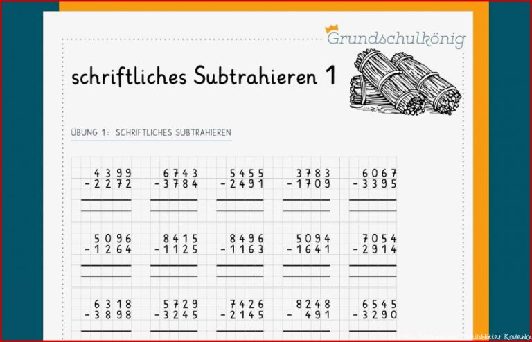 Schriftlich Subtrahieren Arbeitsblätter Kostenlos 4 Klasse