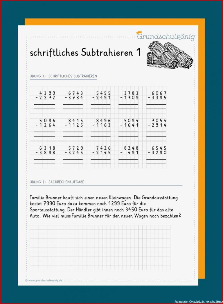 Schriftlich Subtrahieren Arbeitsblätter Kostenlos 4 Klasse