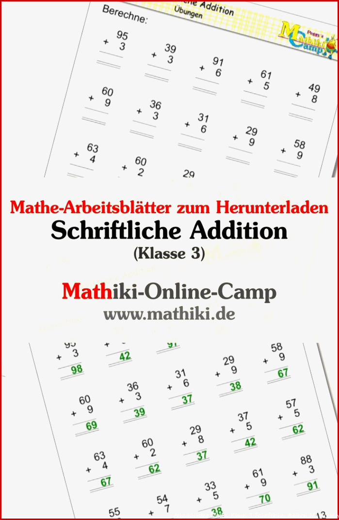 Schriftliche Addition bis 100 Klasse 3 mathiki